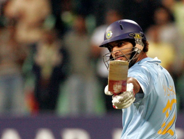 Yuvraj Singh after he hit six sixes in an over by England's Stuart Broad during their ICC World Twenty20 cricket match in Durban September 19, 2007.