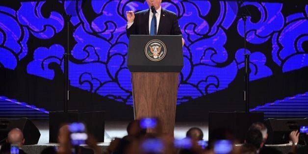 US President Donald Trump speaks on the final day of the APEC CEO Summit, part of the broader Asia-Pacific Economic Cooperation (APEC) leaders' summit, in the central Vietnamese city of Danang on November 10, 2017.World leaders and senior business figures are gathering in the Vietnamese city of Danang this week for the annual 21-member APEC summit. / AFP PHOTO / POOL / Anthony WALLACE (Photo credit should read ANTHONY WALLACE/AFP/Getty Images)