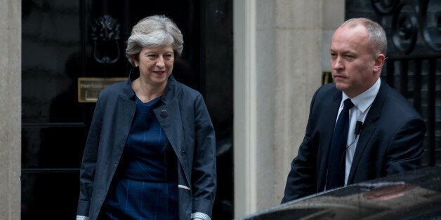 British Prime Minister Theresa May leaves Number 10 Downing Street, London on October 19, 2017. Prime Minister is on her way to Brussels, to meet with other European leaders for further brexit negotiations. (Photo by Alberto Pezzali/NurPhoto via Getty Images)