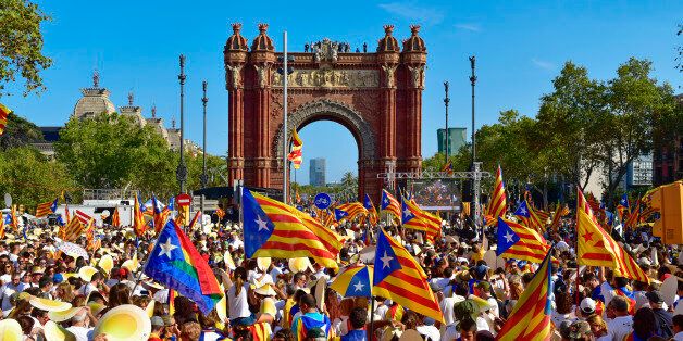 Barcelona, Spain - September 11, 2016: People partaking in a rally in support for the independence of Catalonia in Barcelona, Spain, during its National Day
