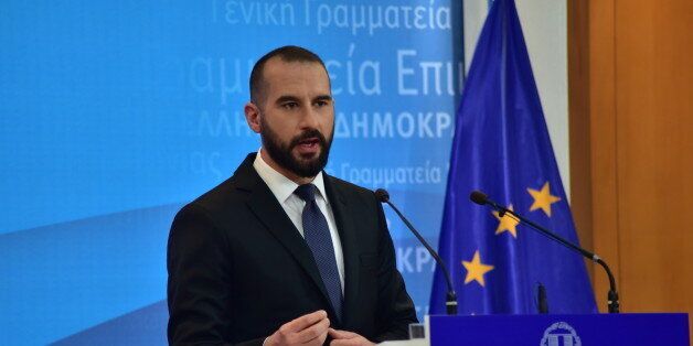 GENERAL PRESS SECRETARY, ATHENS, ATTIKI, GREECE - 2017/02/07: Dimitris Tzanakopoulos, Greek Minister of State and Government's Spokesman, during the press conference.In preparation of the Public Debt Management Agency agreement with the investment bank Rothschild said Government Spokesman Dimitris Tzanakopoulos, after the complaints of the vice President of New Democracy party, Mr. Adonis Georgiadis.For the assessment, Mr. Tzanakopoulos said that the ongoing initiatives in many quarters that the