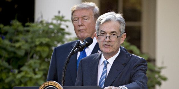 Jerome Powell, governor of the U.S. Federal Reserve and President Donald Trump's nominee as chairman of the Federal Reserve, speaks as Trump, left, listens during a nomination announcement in the Rose Garden of the White House in Washington, D.C., U.S., on Thursday, Nov. 2, 2017. If approved by the Senate, the 64-year-old former Carlyle Group LP managing director and ex-Treasury undersecretary would succeed Fed Chair Janet Yellen. Photographer: Andrew Harrer/Bloomberg via Getty Images
