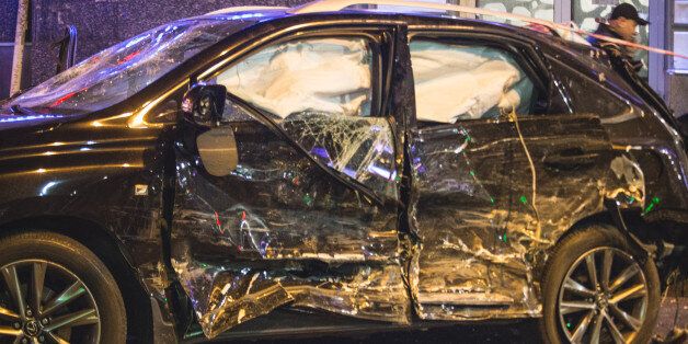 ***GRAPHIC CONTENT*** A car that hit a pedestrian during a violent car accident in Kharkov, Ukraine on 18 October 2017 night. Five people died on the spot. (Photo by Pavlo Pakhomenko/NurPhoto via Getty Images)
