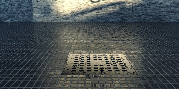 3d rendering of water drops on metal gutter in the evening sunshine