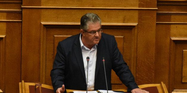 Dimitris Koutsoubas, Secretary General of the Communist Party of Greece, KKE during parliamentary dispute at level of Party leaders on the topic of corruption in Athens on October 10, 2016. (Photo by Wassilios Aswestopoulos/NurPhoto via Getty Images)