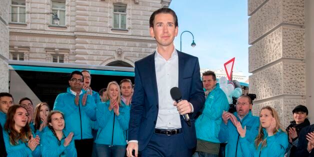 Austrian Minister for Foreign Affairs and the chairman of Austria's People's Party (OeVP), Sebastian Kurz talks to his supporters as he is leaving for his 36 hours rally tour in Vienna Austria on October 13, 2017.Austria holds snap elections on Sunday, October 15, 2017, with conservative Sebastian Kurz, 31, expected to become Europe's youngest head of government by forming a coalition with the far-right. / AFP PHOTO / JOE KLAMAR (Photo credit should read JOE KLAMAR/AFP/Getty Images)