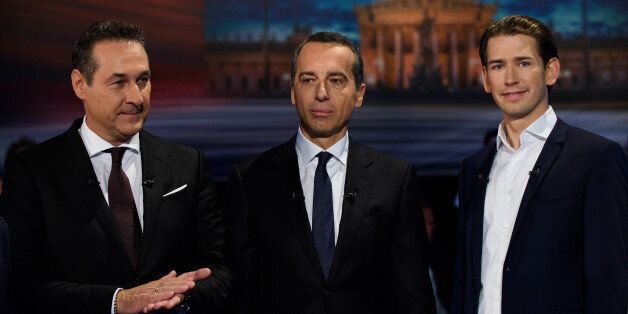 VIENNA, AUSTRIA - OCTOBER 12: Heinz-Christian Strache of the right-wing Austrian Freedom Party (FPOe), Austrian Chancellor Christian Kern of the Social Democratic Party (SPOe) and Austrian Foreign Minister Sebastian Kurz of Austrian Peoples Party (OeVP) are seen at ORF studios ahead the 'Elefantenrunde' television debate between the lead candidates prior to legislative elections on October 12, 2017 in Vienna, Austria. Austria will hold elections on October 15 and many analysts are predicting a