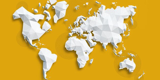 Low poly white Map of World on yellow background.