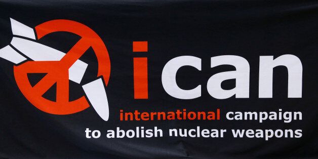 The logo of the International Campaign to Abolish Nuclear Weapons (ICAN) is seen before the news conference after ICAN won the Nobel Peace Prize 2017, in Geneva, Switzerland October 6, 2017. REUTERS/Denis Balibouse
