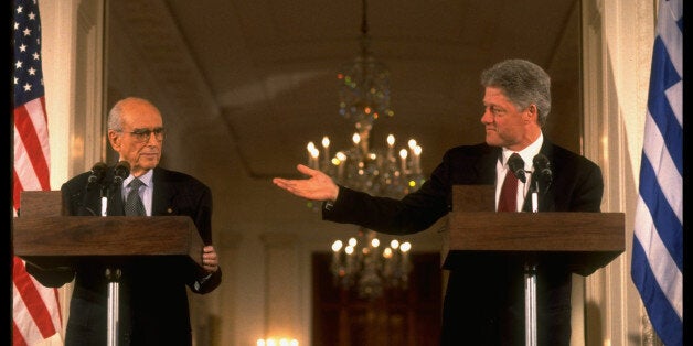 Pres. Bill Clinton (R) & Greek PM Andreas Papandreou holding joint news conf. in WH E. Rm. (Photo by Diana Walker//Time Life Pictures/Getty Images)