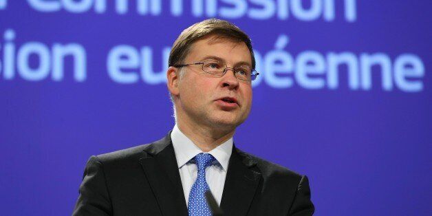 BRUSSELS, BELGIUM - OCTOBER 5: Vice President of the European Commission Valdis Dombrovskis and Marianne Thyssen (not seen), Member of the European Commission in charge of Employment, Social Affairs, Skills and Labour Mobility hold a joint press conference in Brussels, Belgium on October 5, 2017. (Photo by Dursun Aydemir/Anadolu Agency/Getty Images)