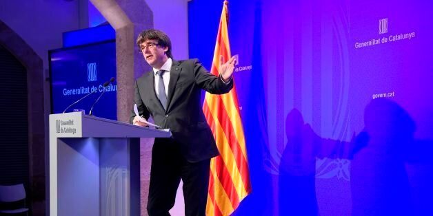 Catalan president Carles Puigdemont gives a press conference in Barcelona, on October 2, 2017.Catalonia's leader Carles Puigdemont said the region had won the right to break away from Spain after 90 percent of voters taking part in a banned referendum voted for independence, defying a sometimes violent police crackdown and fierce opposition from Madrid. / AFP PHOTO / LLUIS GENE (Photo credit should read LLUIS GENE/AFP/Getty Images)