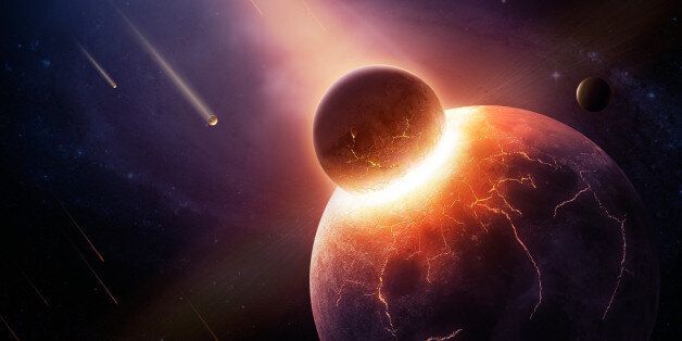 Earth destroyed in collision - 3D artwork illustration of planetary explosion