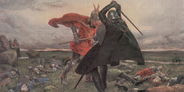 Painting by William Hatherell depicts legendary King Arthur (in red) as he drives a spear through Sir Mordred during the Battle of Salisbury Plain (also known as the Battle of Camlaan), early twentienth century. At the mythical battle, Arthur's spear kills Mordred, but not before Modred lands a fatal, retaliatory blow that similarly dispatches Arthur. (Photo by Mansell/The LIFE Picture Collection/Getty Images)