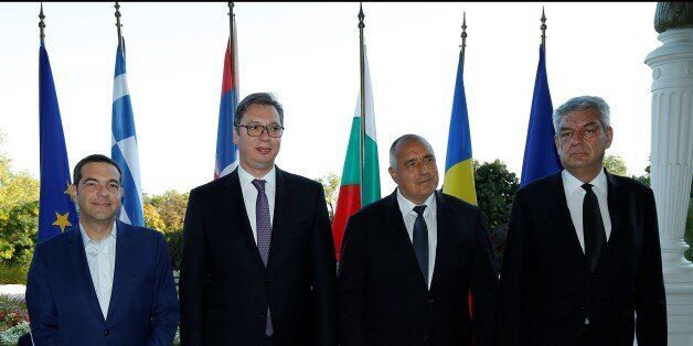 VARNA, BULGARIA - OCTOBER 03: (From L to R) Prime Minister of Greece, Alexis Tsipras; President of Serbia, Aleksandar Vucic; Prime Minister of Bulgaria, Boyko Borisov and Prime Minister of Romania, Mhai Tudose pose before holding a Balkan Countries Quartet Meeting in Varna, Bulgaria on October 03, 2017. (Photo by Ihvan Radoykov/Anadolu Agency/Getty Images)