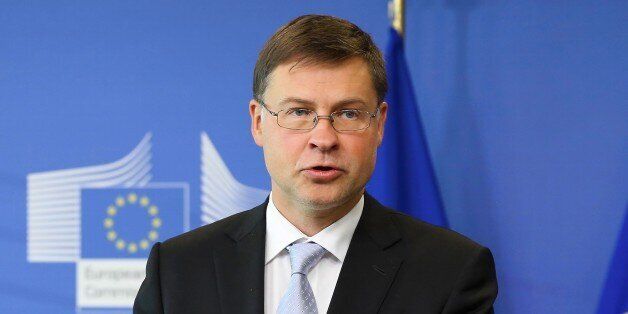 BRUSSELS, BELGIUM - SEPTEMBER 20: Vice President of the European Commission Valdis Dombrovskis holds a joint press conference with Finance Minister of Ukraine Oleksandr Danylyuk (not seen) following their meeting in Brussels, Belgium on September 20, 2017. (Photo by Dursun Aydemir/Anadolu Agency/Getty Images)