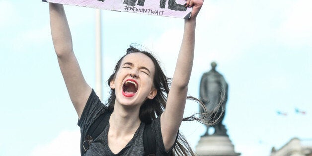 Hundreds of people, mainly members of the Strike 4 Repeal campaign, gathered on O'Connel Bridge in Central Dublin, then took the streets of Dublin protesting outside a number of Government Departments, to seek a referendum on repealing the eighth amendment. The Amendment to the 1937 Constitution, which was inserted in a referendum in 1983, asserts that the right to life of an unborn child is equal to that of its mother.On Wednesday, March 08, 2017, in Dublin, Ireland. (Photo by Artur Widak/NurPhoto via Getty Images)