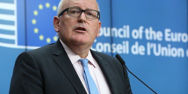 BRUSSELS, BELGIUM - SEPTEMBER 25 : Vice-President of the European Commission Frans Timmermans speaks during a press conference with Estonia's Foreign Deputy Minister for EU Affairs Matti Maasikas (not seen) after they attended the EU General Affairs Council Meeting in Brussels, Belgium on September 25, 2017. (Photo by Dursun Aydemir/Anadolu Agency/Getty Images)