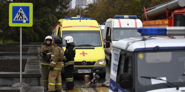 YEKATERINBURG, RUSSIA - SEPTEMBER 29, 2017: An ambulance seen by the Sverdlovsk Region government building as it has been evacuated following an anonymous bomb threat call. Donat Sorokin/TASS (Photo by Donat Sorokin\TASS via Getty Images)