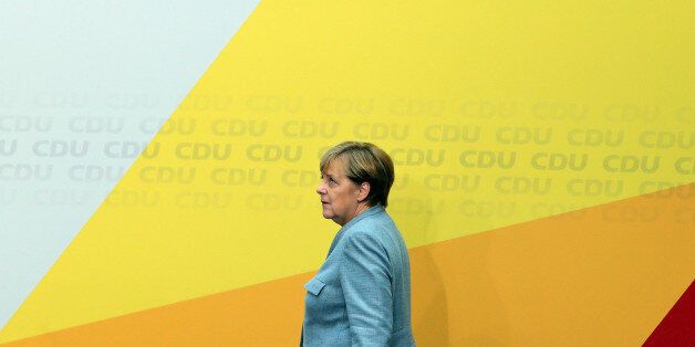 BERLIN, Sept. 25, 2017 : German Chancellor and leader of the Christian Democratic Union (CDU) Angela Merkel attends a press conference at CDU's headquarters in Berlin, Germany, on Sept. 25, 2017. According to the preliminary results released Monday morning, the coalition of Merkel's Christian Democratic Union (CDU) and its Bavarian sister party, the Christian Socialist Union (CSU), obtained 33 percent of the votes, shrunk from the 41 percent in 2013. However, it still heralded a fourth term for her, with the support of other parties. (Xinhua/Luo Huanhuan via Getty Images)
