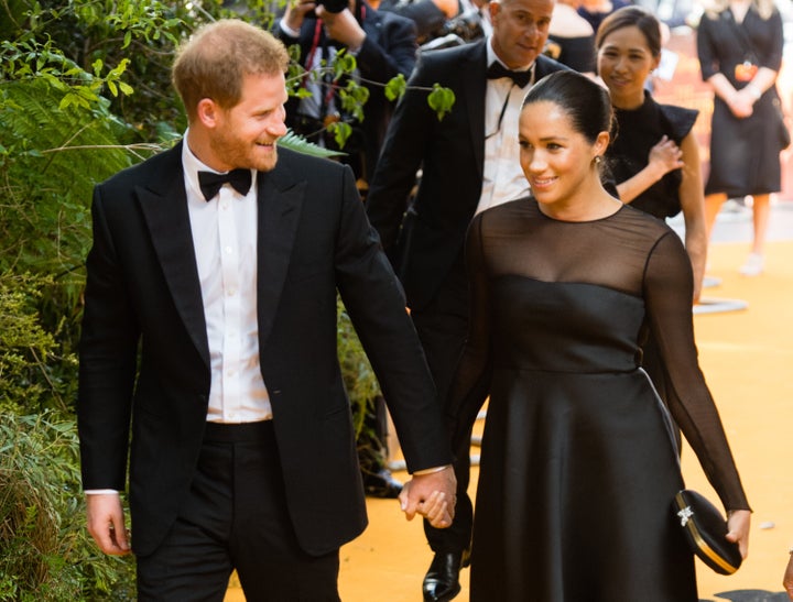 The Duke of Sussex and Meghan, Duchess of Sussex attend "The Lion King" premiere at Leicester Square on July 14 in London. 