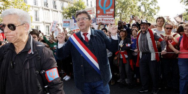 PARIS, FRANCE - SEPTEMBER 23: Far-left opposition 'France Insoumise' (France Unbowed) party's leader Jean-Luc Melenchon attends a demonstration against the government's labour reforms on September 23, 2017 in Paris, France. (Photo by Sylvain Lefevre/Getty Images)