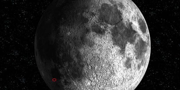 -, SPACE: This artist's impression shows the location of the SMART-1 impact on the Moon surface, expected for 3 September 2006 at 07:41 CEST (05:41 UT). Europe's first probe to the Moon SMART-1 crashed onto the lunar surface as scheduled at 7.42 am (0542 GMT) 03 September 2006 ending a successful 16-month mission, the European Space Agency announced today. SMART-1 smashed into the Moon at a speed of two kilometres per second (7,200 kmph) in a plain called the Lake of Excellence, a volcanic plane area surrounded by highlands, but also characterised by ground heterogeneities, on the southwestern side of the Moon's face. The probe fell in exactly the right place (36.44? south of latitude and 46.25? west of longitude) after a 'pretty spectacular' drop, said Bernard Von Weyhe, spokesman for the ESA, which was able to follow its trajectory by telescope. AFP PHOTO / ESA / C.Carreau (Photo credit should read C. CARREAU/AFP/Getty Images)
