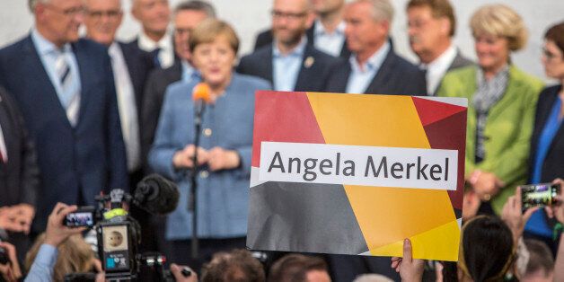 German Chancellor and Head of the Christian Democratic Union party (CDU), Angela Merkel is seen speaking to a crowd of supporters during an Election Night event at the CDU's party headquarters- The Konrad Adenauer Haus in Berlin, on September 24, 2017. Early elections count showed 33% to Angela Merkel's Party the CDU and to its sister party the CSU. (Photo by Omer Messinger/NurPhoto via Getty Images)