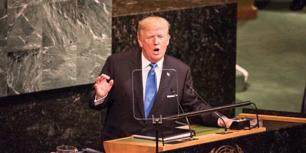 MANHATTAN, NEW YORK CITY, NEW YORK, UNITED STATES - 2017/09/19: US President Donald Trump gestures in a characteristic fashion as he addresses the 72nd UN General Assembly. (Photo by Andy Katz/Pacific Press/LightRocket via Getty Images)