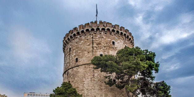 View of famous White Tower in the city of Thessaloniki , Greece.