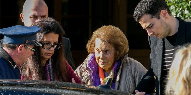 PARIS, FRANCE - OCTOBER 21: (L-R) Francoise Bettencourt Meyers, Liliane Bettencourt and Jean-Victor Meyers leave the RITZ hotel on October 21, 2016 in Paris, France. (Photo by Paul Hubble/GC Images)