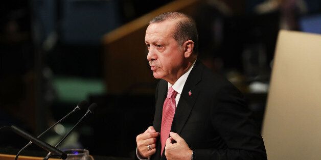 NEW YORK, NY - SEPTEMBER 19: Turkish President Recep Tayyip Erdogan speaks to world leaders at the 72nd United Nations (UN) General Assembly at UN headquarters in New York on September 19, 2017 in New York City. Topics to be discussed at this year's gathering include Iran, North Korea and global warming. (Photo by Spencer Platt/Getty Images)