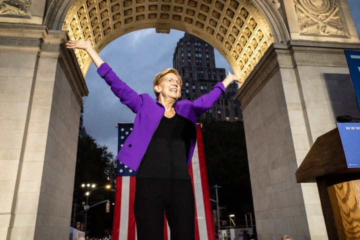 Elizabeth Warren speaks at a campaign rally in New York's Washington Square Park on Monday, hours after earning the endorsement of the Working Families Party.