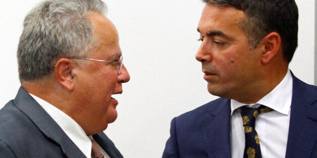 Macedonian Foreign Minister Nikola Dimitrov (R) meets with Greek Foreign Minister Nikos Kotzias in Skopje, Macedonia August 31, 2017. REUTERS/Ognen Teofilovski