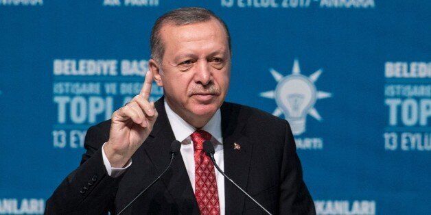 ANKARA, TURKEY - SEPTEMBER 13: President of Turkey and Chairman of the Turkey's ruling Justice and Development Party (AK Party), Recep Tayyip Erdogan (2nd R) delivers a speech during the meeting of local mayors at ATO Congresium in Ankara, Turkey on September 13, 2017. (Photo by Binnur Ege Gurun/Anadolu Agency/Getty Images)