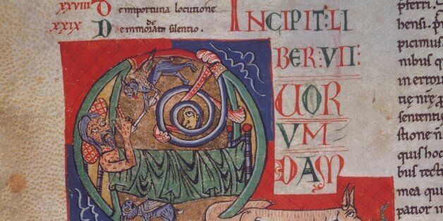 UNSPECIFIED - DECEMBER 29: Illuminated drop cap depicting Satan transmitting a disease to Job, miniature from Commentary on the Book of Job, Cod B 41 Inf, folio 84 verso, 12th century. Detail. Milan, Biblioteca Ambrosiana (Library) (Photo by DeAgostini/Getty Images)
