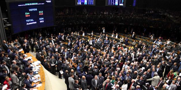 View of the House of Representatives during the vote on wheter Brazilian President Michel Temer should face trial for alleged corruption in Brasilia, on August 2, 2017. Brazilian lawmakers angrily debated Wednesday ahead of the unprecedented, just a year after Temer's predecessor was booted from office. / AFP PHOTO / EVARISTO SA (Photo credit should read EVARISTO SA/AFP/Getty Images)