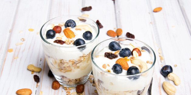 Healthy dessert with yogurt, nuts, oats and blueberries