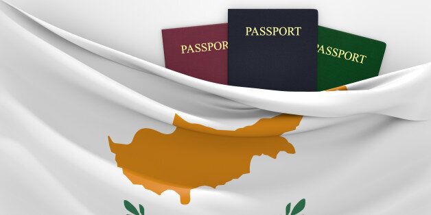 Cyprus flag and three passports in different colors, representing freedom of travel to and from the country.