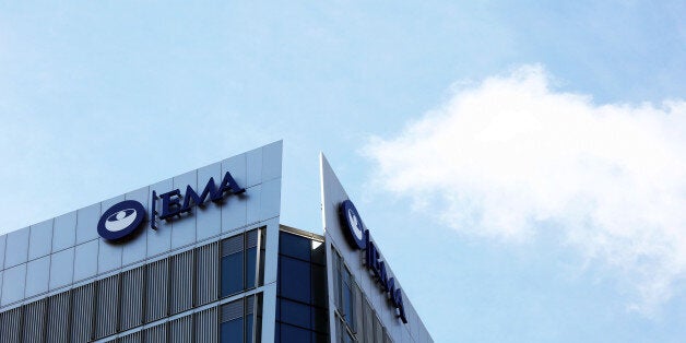 A sign hangs on the top of 30 Churchill Place, which houses the European Medicines Agency, stands in the Canary Wharf financial, business and shopping district in London, U.K., on Monday, July 31, 2017. On Tuesday, the European Union is due to announce the cities vying to host the London-based European Medicines Agency and the European Banking Authority after Brexit. Photographer: Chris Ratcliffe/Bloomberg via Getty Images