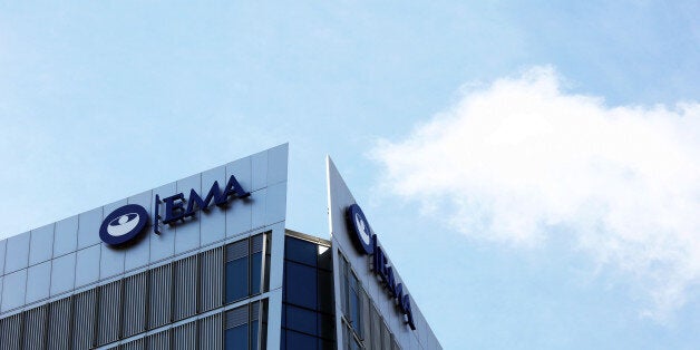 A sign hangs on the top of 30 Churchill Place, which houses the European Medicines Agency, stands in the Canary Wharf financial, business and shopping district in London, U.K., on Monday, July 31, 2017. On Tuesday, the European Union is due to announce the cities vying to host the London-based European Medicines AgencyÂ and theÂ European Banking AuthorityÂ after Brexit. Photographer: Chris Ratcliffe/Bloomberg via Getty Images