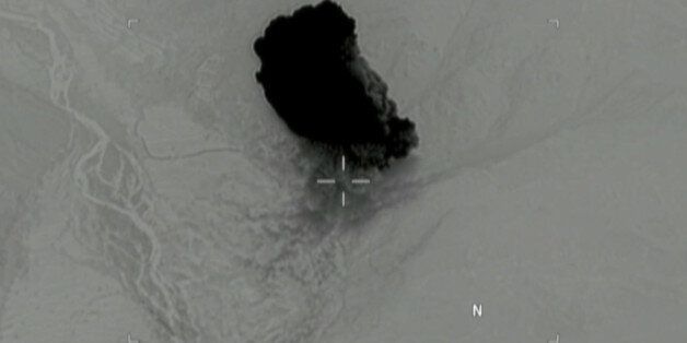 Still image taken from a video released by the U.S. Department of Defense on April 14, 2017 shows the moment after a MOAB, or