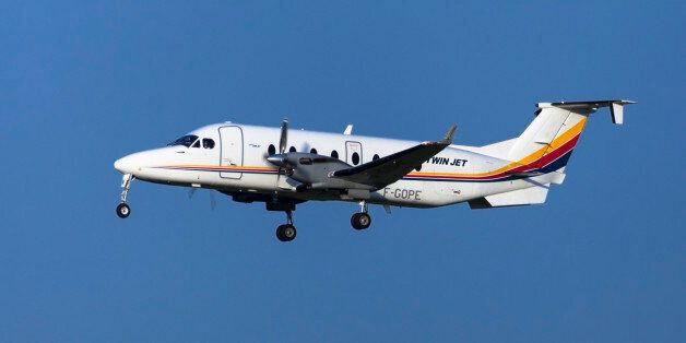 Toulouse, France - April 14, 2017: Twin Jet Beech 1900D approaching to Toulouse-Blagnac Airport in Toulouse, France.