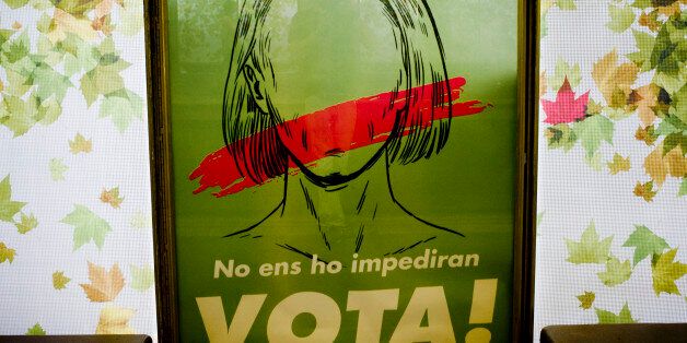 A billboard calling to vote for Catalonia Independence Referendum and also reading in catalan 'They will not stop us' is seen in a metro station in Barcelona, Spain on 14 Sept. 2017. Catalan goberment aims to celebrate a referendum on independence next first october,the Spanish government is frontally opposed to the referendum and consider it illegal. (Photo by Jordi Boixareu/NurPhoto via Getty Images)