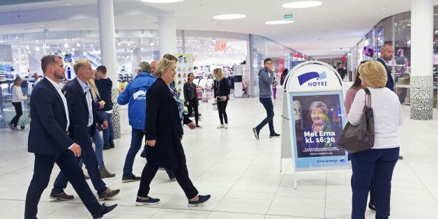Erna Solberg, Norway's prime minister, walks through the Srlandssenteret shopping mall during a Conservative Party election campaign visit in Kristiansand, Norway, on Monday, Sept. 4, 2017. The premier is gaining in the polls before the Sept. 11 election amid signs Norways economy is emerging full steam after the oil crash. Photographer: Kyrre Lien/Bloomberg via Getty Images