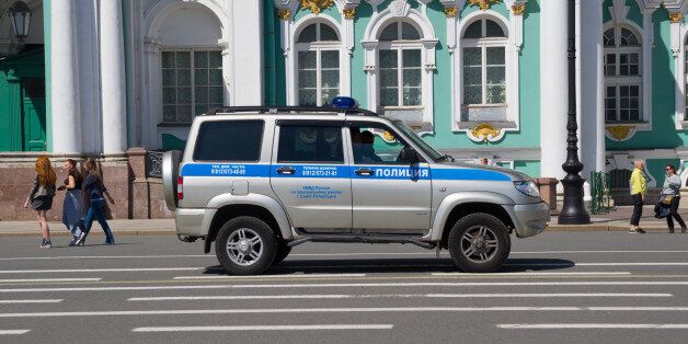 Russia Saint Petersburg July 2016 police car makes a patrol at the Hermitage