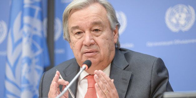 UN HEADQUARTERS, NEW YORK, NY, UNITED STATES - 2017/09/13: United Nations Secretary-General Antonio Guterres is seen during a press conference at UN Headquarters. During the general press briefing coinciding with the start of the General Assembly's 72nd Session, the Secretary-General spoke about Myanmar, the North Korean nuclear crisis initiatives (including gender parity) that he hopes to implement UN reform. (Photo by Albin Lohr-Jones/Pacific Press/LightRocket via Getty Images)