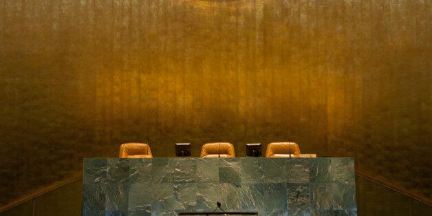 Speakers seats under Emblem of the United Nations in the General Assembly, United Nations Building, New York City, New York