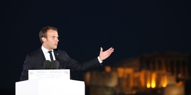 French President Emmanuel Macron delivers a speech on the Pnyx hill in Athens on September 7, 2017, as part of his two-day official visit to Greece.French President Emmanuel Macron was holding talks on September 7 with Greek Prime Minister Alexis Tsipras and President Prokopis Pavlopoulos. The Parthenon temple on Acropolis hill is seen in background. / AFP PHOTO / LUDOVIC MARIN (Photo credit should read LUDOVIC MARIN/AFP/Getty Images)