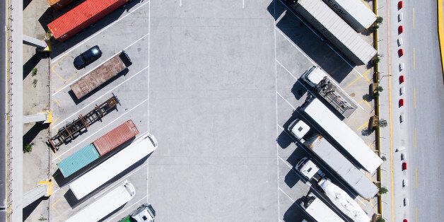 Aerial view of trucks and trailers